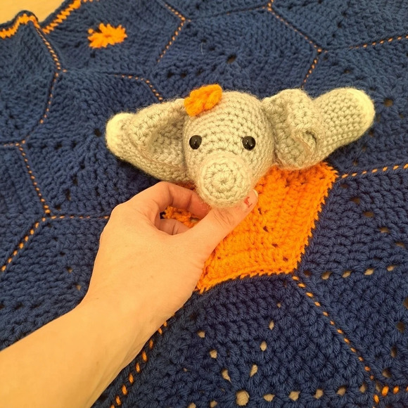 Crochet Geometric Baby Blanket Lovey Elephant Stuffed Animal Orange Blue Grey - Picture 2 of 5